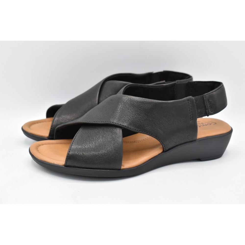 Comfortiva Womens 8.5 Emilee Black Leather Stretch Slingback Wedge Sandals Shoes